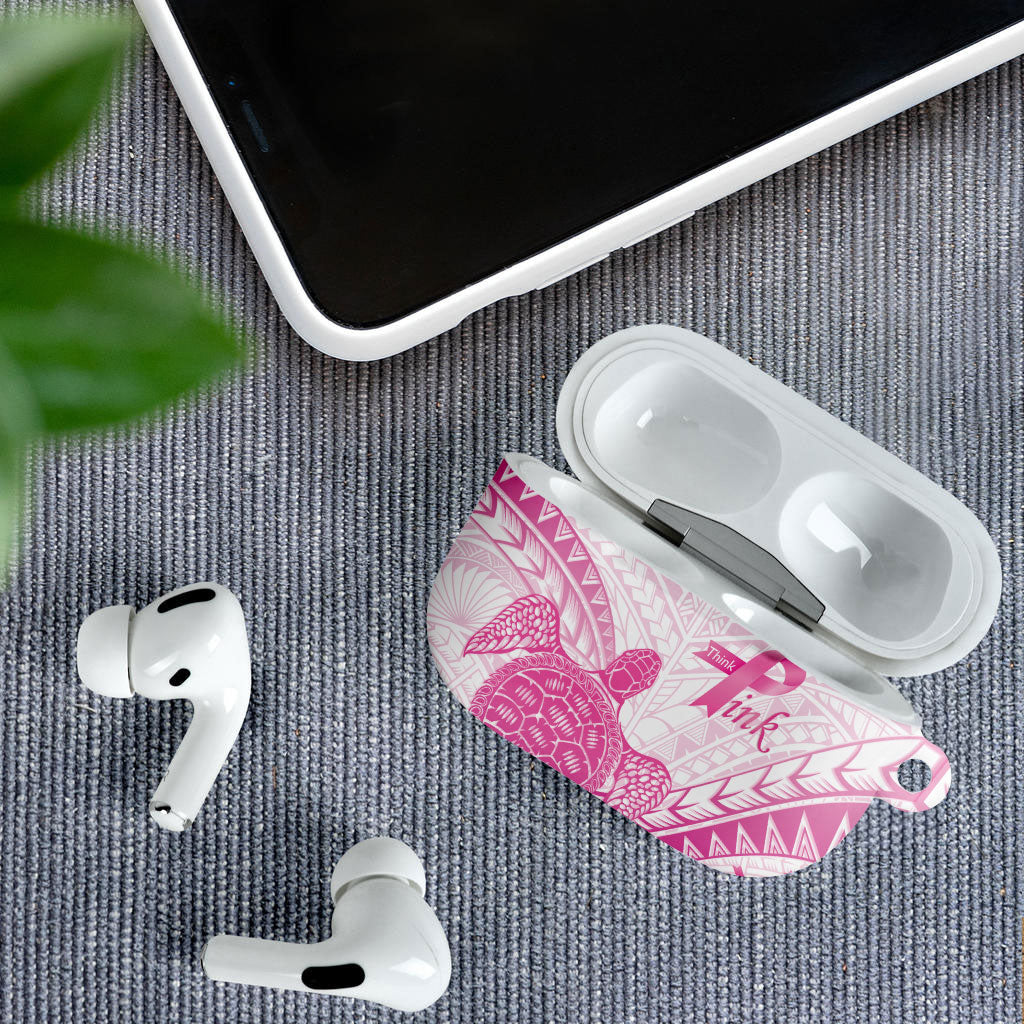 Breast Cancer Awareness AirPods Case Pink Ribbon Turtle Polynesian Pattern White