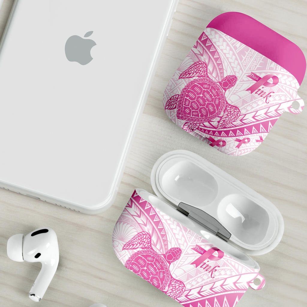 Breast Cancer Awareness AirPods Case Pink Ribbon Turtle Polynesian Pattern White
