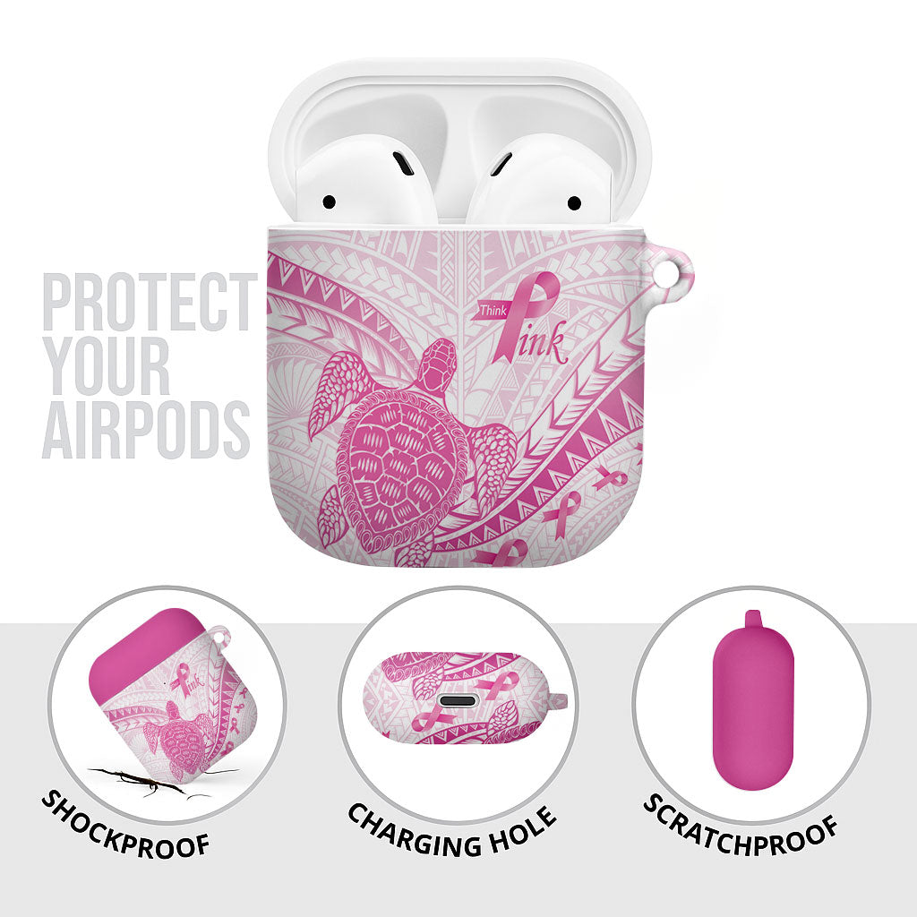 Breast Cancer Awareness AirPods Case Pink Ribbon Turtle Polynesian Pattern White