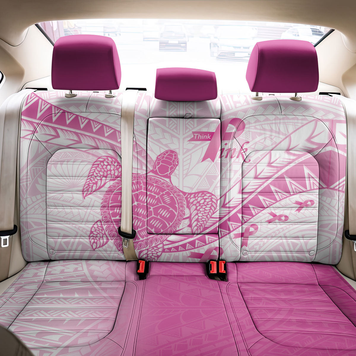 Breast Cancer Awareness Back Car Seat Cover Pink Ribbon Turtle Polynesian Pattern White LT22 - Polynesian Pride
