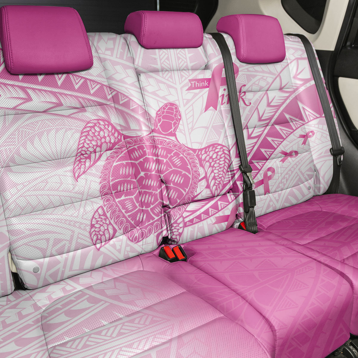 Breast Cancer Awareness Back Car Seat Cover Pink Ribbon Turtle Polynesian Pattern White LT22 - Polynesian Pride