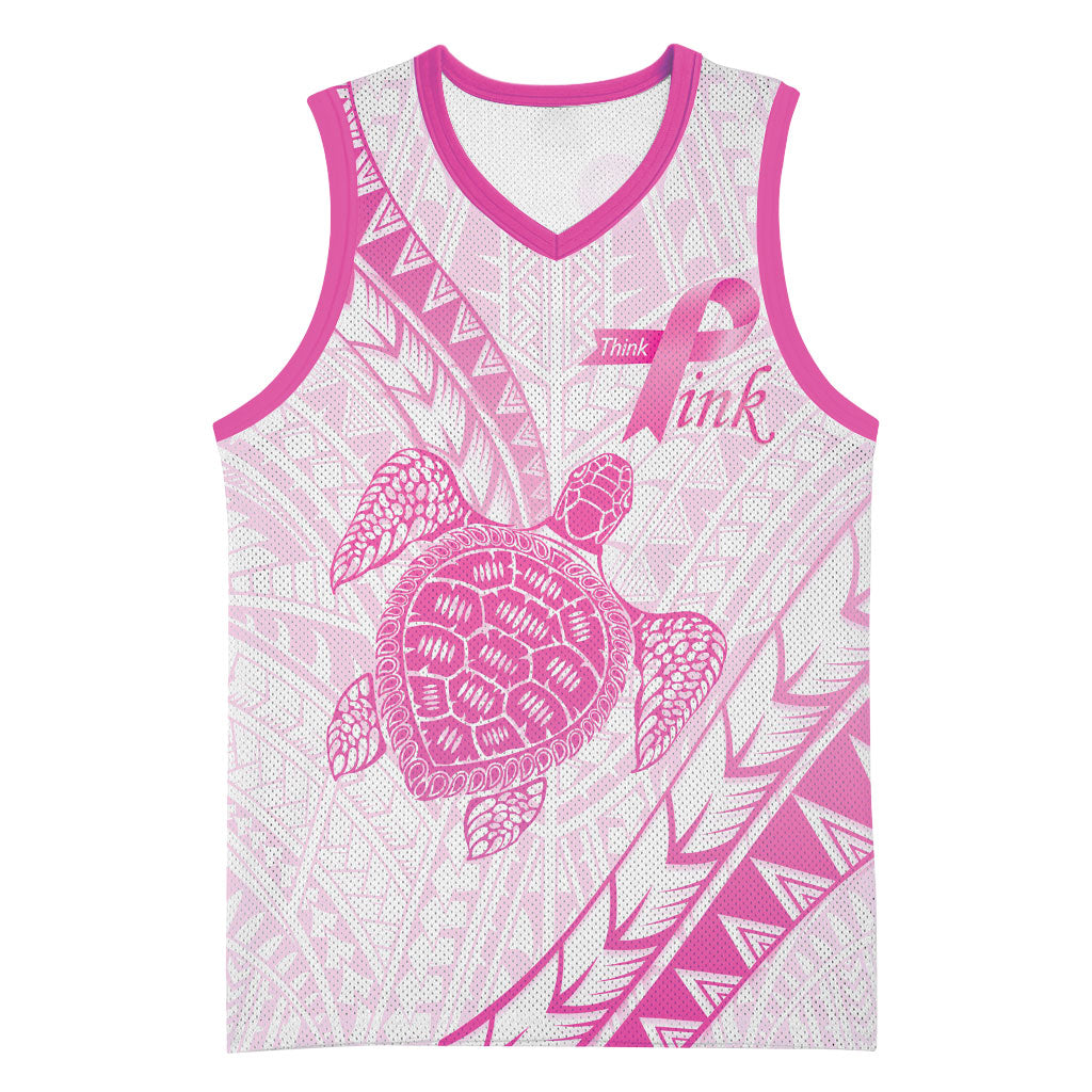 Breast Cancer Awareness Personalised Basketball Jersey Pink Ribbon Turtle Polynesian Pattern White LT22 Unisex Pink - Polynesian Pride