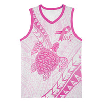 Breast Cancer Awareness Personalised Basketball Jersey Pink Ribbon Turtle Polynesian Pattern White LT22 Unisex Pink - Polynesian Pride