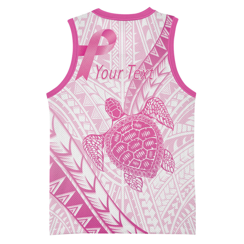 Breast Cancer Awareness Personalised Basketball Jersey Pink Ribbon Turtle Polynesian Pattern White LT22 - Polynesian Pride