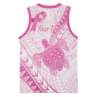 Breast Cancer Awareness Personalised Basketball Jersey Pink Ribbon Turtle Polynesian Pattern White LT22 - Polynesian Pride