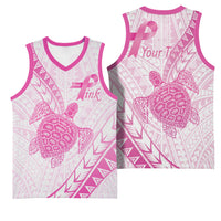 Breast Cancer Awareness Personalised Basketball Jersey Pink Ribbon Turtle Polynesian Pattern White LT22 - Polynesian Pride