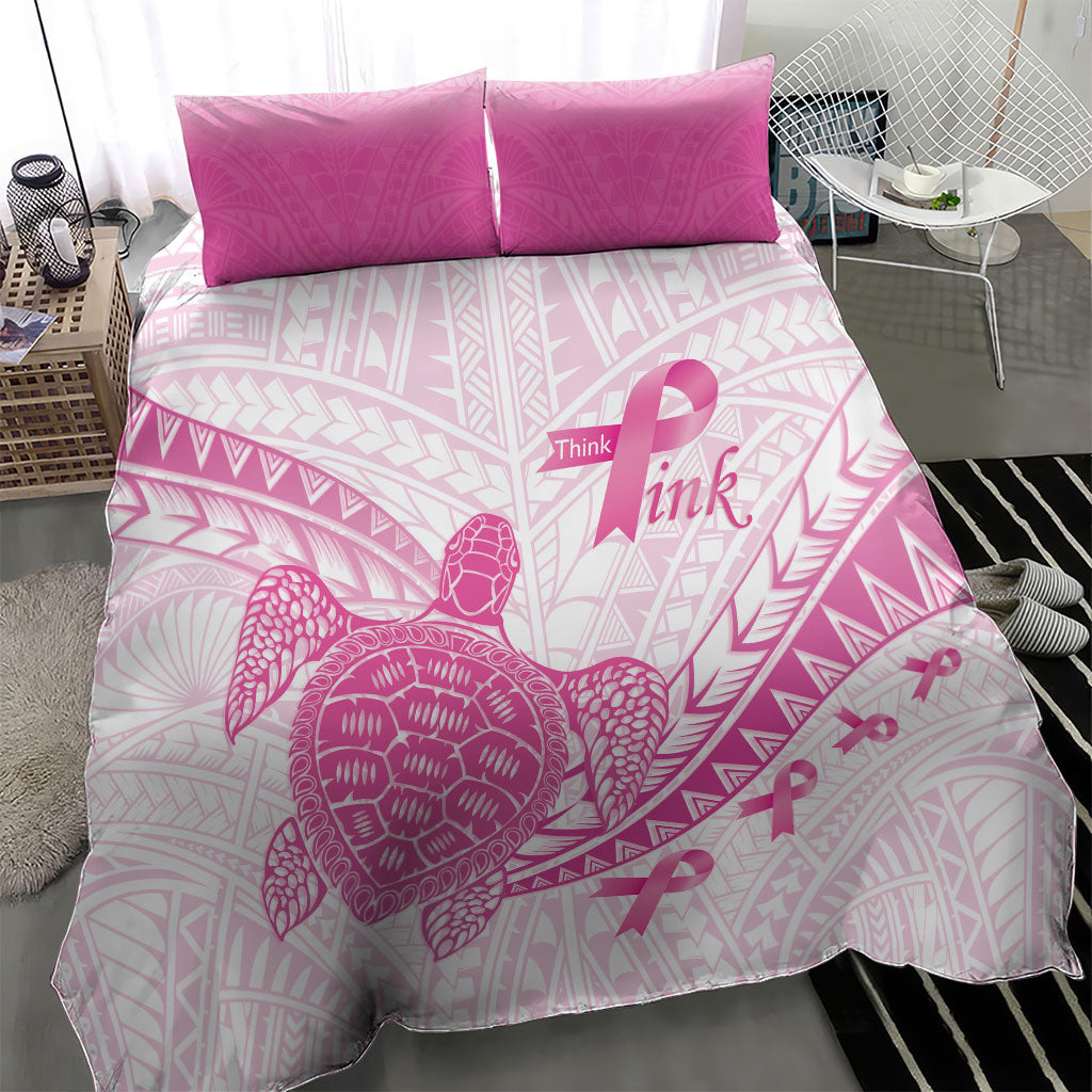 Breast Cancer Awareness Bedding Set Pink Ribbon Turtle Polynesian Pattern White