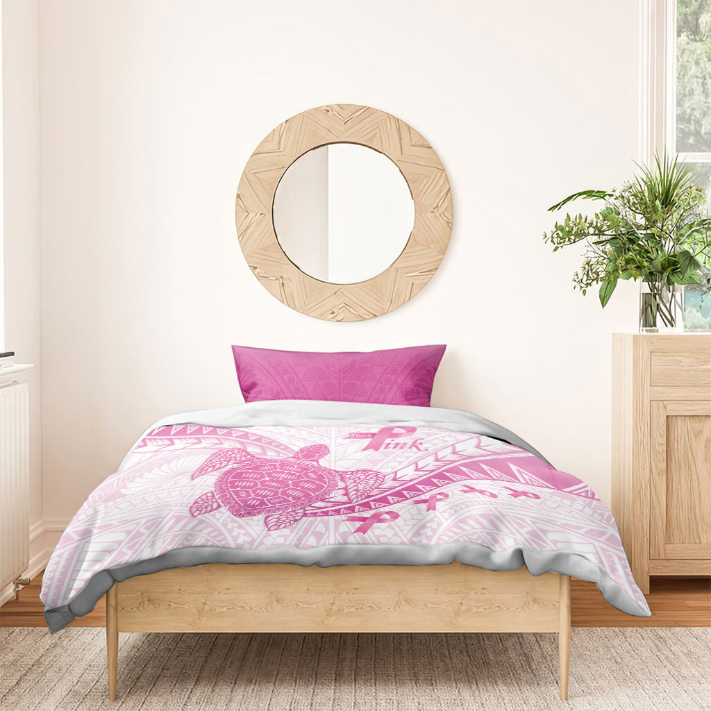 Breast Cancer Awareness Bedding Set Pink Ribbon Turtle Polynesian Pattern White