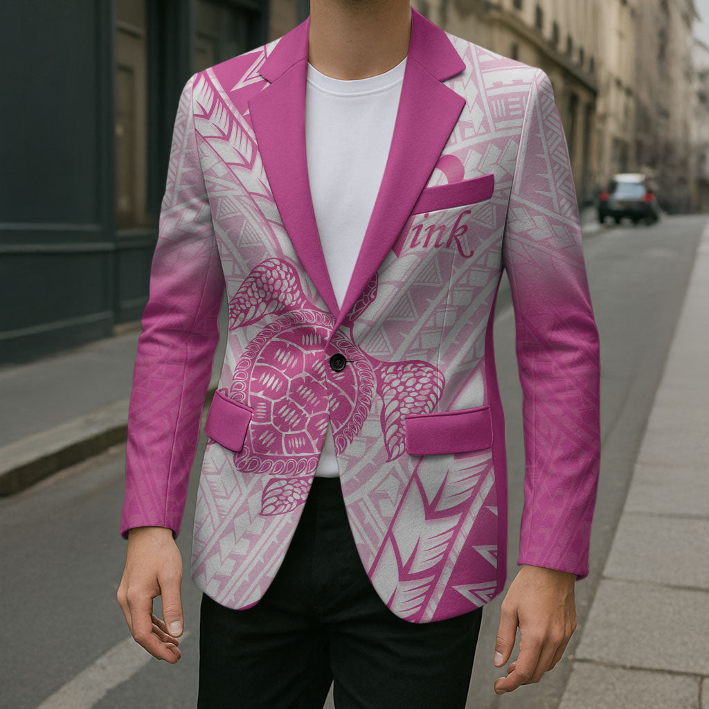 Breast Cancer Awareness Personalised Blazer Pink Ribbon Turtle Polynesian Pattern White
