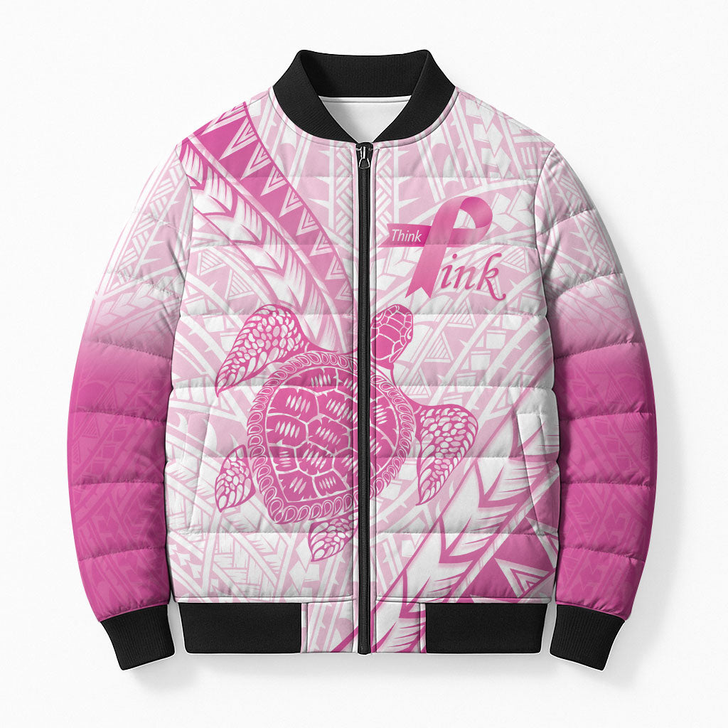 Breast Cancer Awareness Personalised Bomber Puffer Jacket Pink Ribbon Turtle Polynesian Pattern White LT22 Unisex Pink - Polynesian Pride