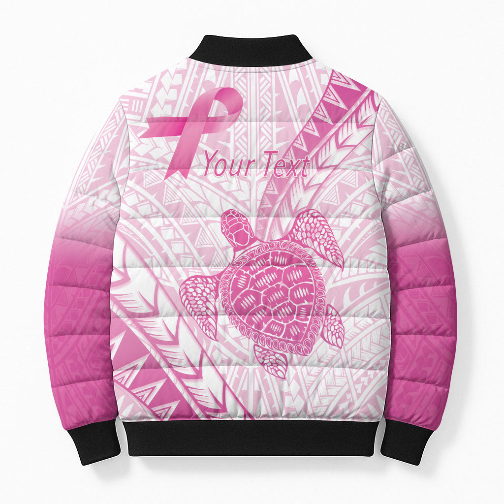 Breast Cancer Awareness Personalised Bomber Puffer Jacket Pink Ribbon Turtle Polynesian Pattern White LT22 - Polynesian Pride