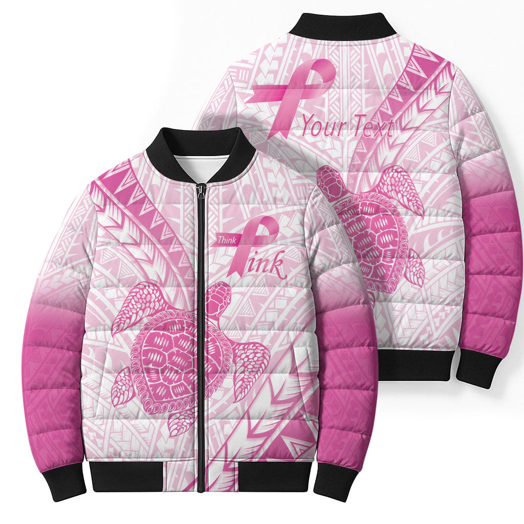 Breast Cancer Awareness Personalised Bomber Puffer Jacket Pink Ribbon Turtle Polynesian Pattern White LT22 - Polynesian Pride