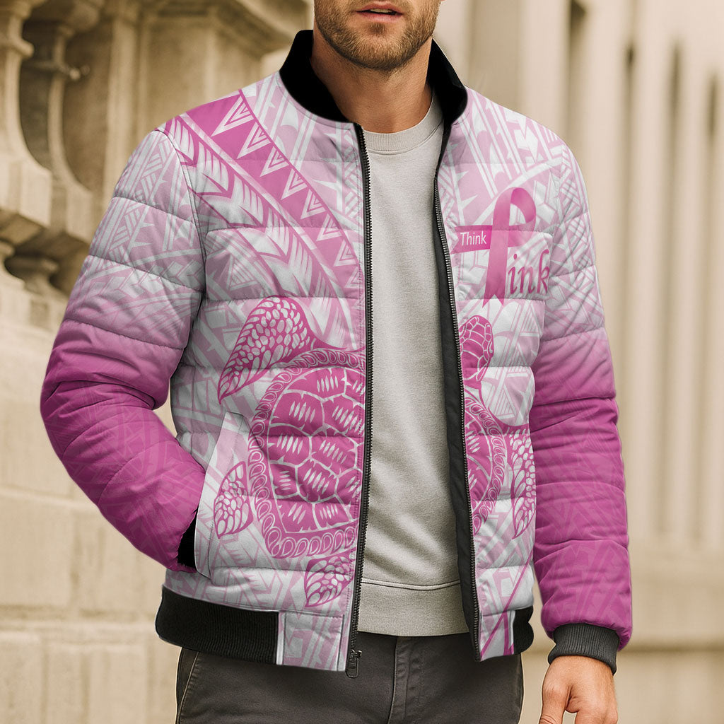 Breast Cancer Awareness Personalised Bomber Puffer Jacket Pink Ribbon Turtle Polynesian Pattern White LT22 - Polynesian Pride