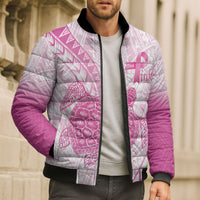 Breast Cancer Awareness Personalised Bomber Puffer Jacket Pink Ribbon Turtle Polynesian Pattern White LT22 - Polynesian Pride