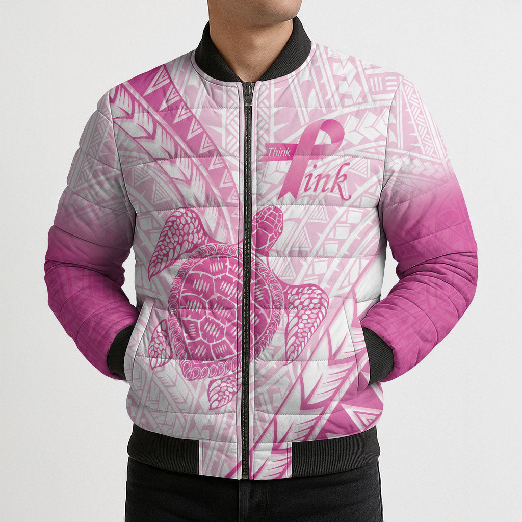 Breast Cancer Awareness Personalised Bomber Puffer Jacket Pink Ribbon Turtle Polynesian Pattern White LT22 - Polynesian Pride