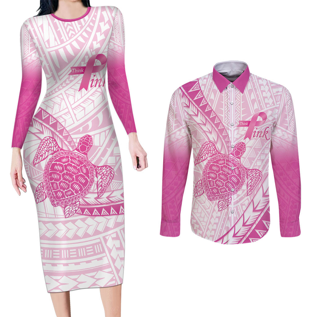 Breast Cancer Awareness Personalised Couples Matching Long Sleeve Bodycon Dress and Long Sleeve Button Shirt Pink Ribbon Turtle Polynesian Pattern White LT22 Pink - Polynesian Pride