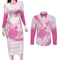 Breast Cancer Awareness Personalised Couples Matching Long Sleeve Bodycon Dress and Long Sleeve Button Shirt Pink Ribbon Turtle Polynesian Pattern White LT22 Pink - Polynesian Pride
