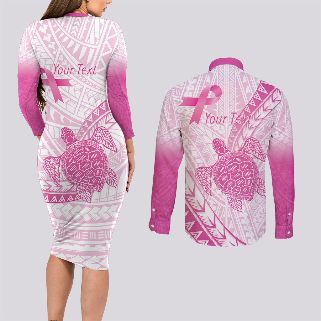 Breast Cancer Awareness Personalised Couples Matching Long Sleeve Bodycon Dress and Long Sleeve Button Shirt Pink Ribbon Turtle Polynesian Pattern White LT22 - Polynesian Pride