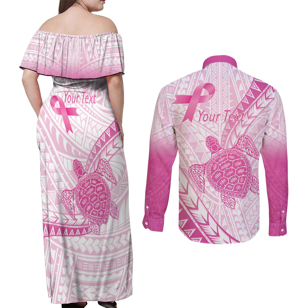 Breast Cancer Awareness Personalised Couples Matching Off Shoulder Maxi Dress and Long Sleeve Button Shirt Pink Ribbon Turtle Polynesian Pattern White