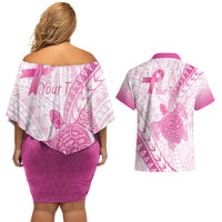 Breast Cancer Awareness Personalised Couples Matching Off Shoulder Short Dress and Hawaiian Shirt Pink Ribbon Turtle Polynesian Pattern White LT22 - Polynesian Pride