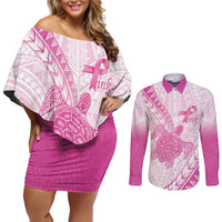 Breast Cancer Awareness Personalised Couples Matching Off Shoulder Short Dress and Long Sleeve Button Shirt Pink Ribbon Turtle Polynesian Pattern White LT22 Pink - Polynesian Pride
