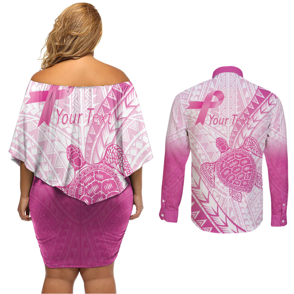 Breast Cancer Awareness Personalised Couples Matching Off Shoulder Short Dress and Long Sleeve Button Shirt Pink Ribbon Turtle Polynesian Pattern White LT22 - Polynesian Pride