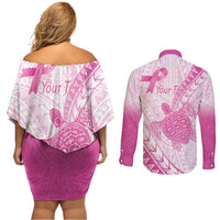 Breast Cancer Awareness Personalised Couples Matching Off Shoulder Short Dress and Long Sleeve Button Shirt Pink Ribbon Turtle Polynesian Pattern White LT22 - Polynesian Pride