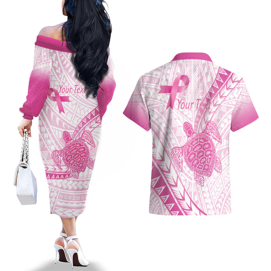 Breast Cancer Awareness Personalised Couples Matching Off The Shoulder Long Sleeve Dress and Hawaiian Shirt Pink Ribbon Turtle Polynesian Pattern White