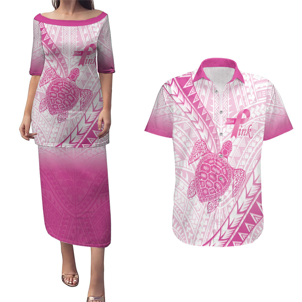 Breast Cancer Awareness Personalised Couples Matching Puletasi and Hawaiian Shirt Pink Ribbon Turtle Polynesian Pattern White LT22 Pink - Polynesian Pride
