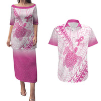 Breast Cancer Awareness Personalised Couples Matching Puletasi and Hawaiian Shirt Pink Ribbon Turtle Polynesian Pattern White LT22 Pink - Polynesian Pride