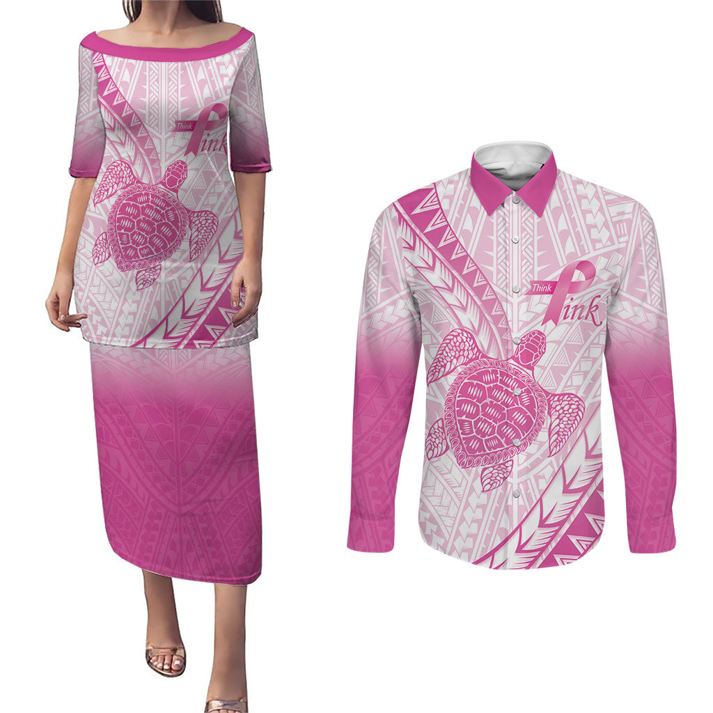Breast Cancer Awareness Personalised Couples Matching Puletasi and Long Sleeve Button Shirt Pink Ribbon Turtle Polynesian Pattern White LT22 Pink - Polynesian Pride