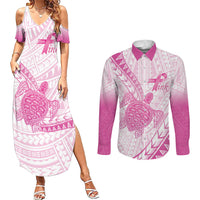 Breast Cancer Awareness Personalised Couples Matching Summer Maxi Dress and Long Sleeve Button Shirt Pink Ribbon Turtle Polynesian Pattern White