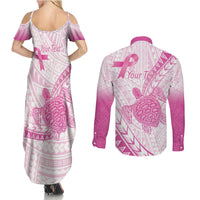 Breast Cancer Awareness Personalised Couples Matching Summer Maxi Dress and Long Sleeve Button Shirt Pink Ribbon Turtle Polynesian Pattern White