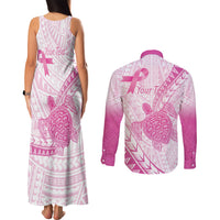 Breast Cancer Awareness Personalised Couples Matching Tank Maxi Dress and Long Sleeve Button Shirt Pink Ribbon Turtle Polynesian Pattern White LT22 - Polynesian Pride