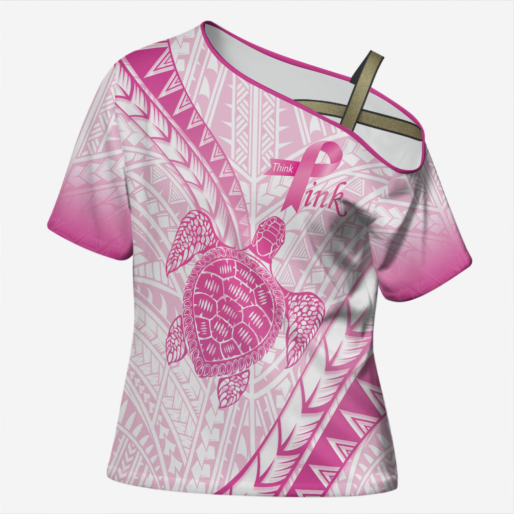 Breast Cancer Awareness Personalised Cross Shoulder Shirt Pink Ribbon Turtle Polynesian Pattern White LT22 Female Pink - Polynesian Pride