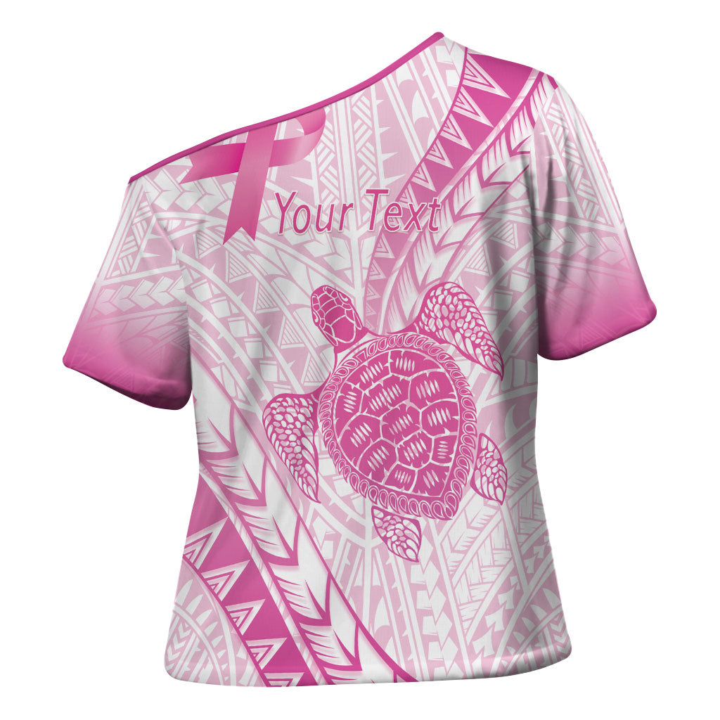 Breast Cancer Awareness Personalised Cross Shoulder Shirt Pink Ribbon Turtle Polynesian Pattern White LT22 - Polynesian Pride
