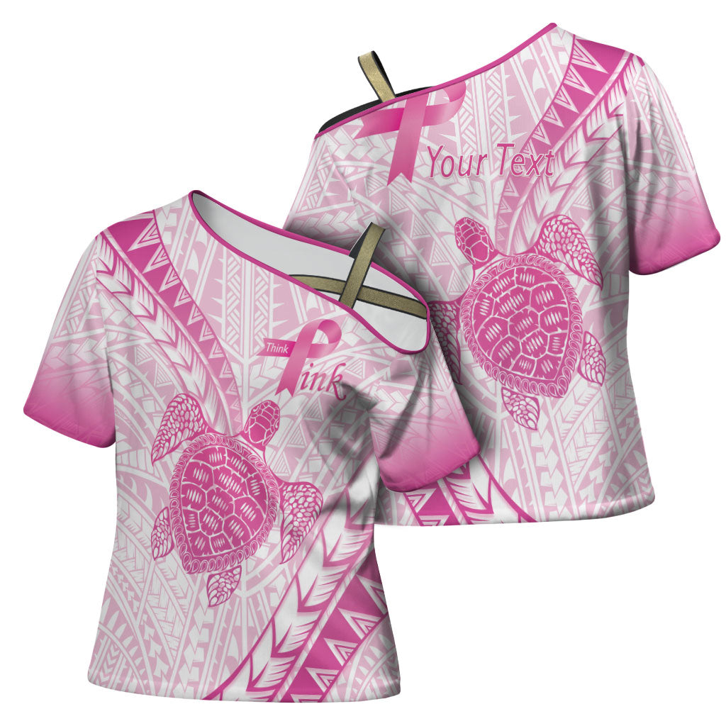 Breast Cancer Awareness Personalised Cross Shoulder Shirt Pink Ribbon Turtle Polynesian Pattern White LT22 - Polynesian Pride