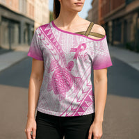 Breast Cancer Awareness Personalised Cross Shoulder Shirt Pink Ribbon Turtle Polynesian Pattern White LT22 - Polynesian Pride
