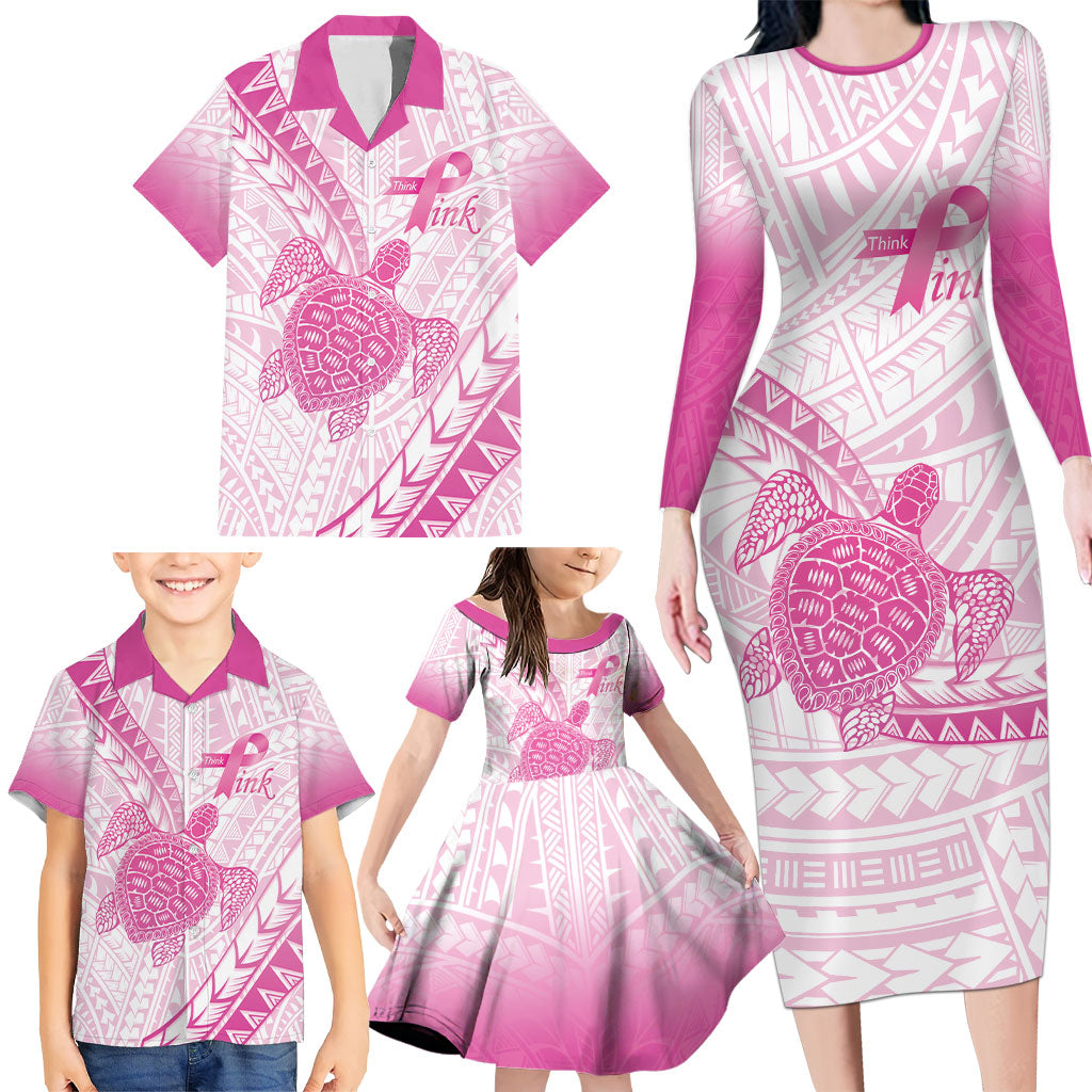 Breast Cancer Awareness Personalised Family Matching Long Sleeve Bodycon Dress and Hawaiian Shirt Pink Ribbon Turtle Polynesian Pattern White LT22 - Polynesian Pride