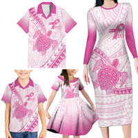 Breast Cancer Awareness Personalised Family Matching Long Sleeve Bodycon Dress and Hawaiian Shirt Pink Ribbon Turtle Polynesian Pattern White