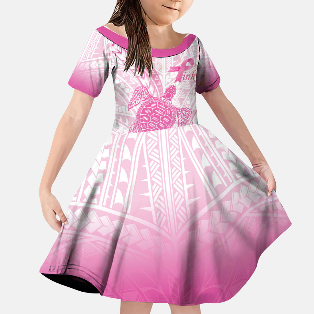 Breast Cancer Awareness Personalised Family Matching Off The Shoulder Long Sleeve Dress and Hawaiian Shirt Pink Ribbon Turtle Polynesian Pattern White