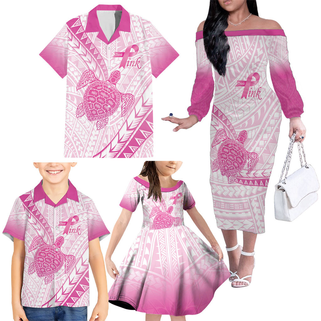 Breast Cancer Awareness Personalised Family Matching Off The Shoulder Long Sleeve Dress and Hawaiian Shirt Pink Ribbon Turtle Polynesian Pattern White LT22 - Polynesian Pride