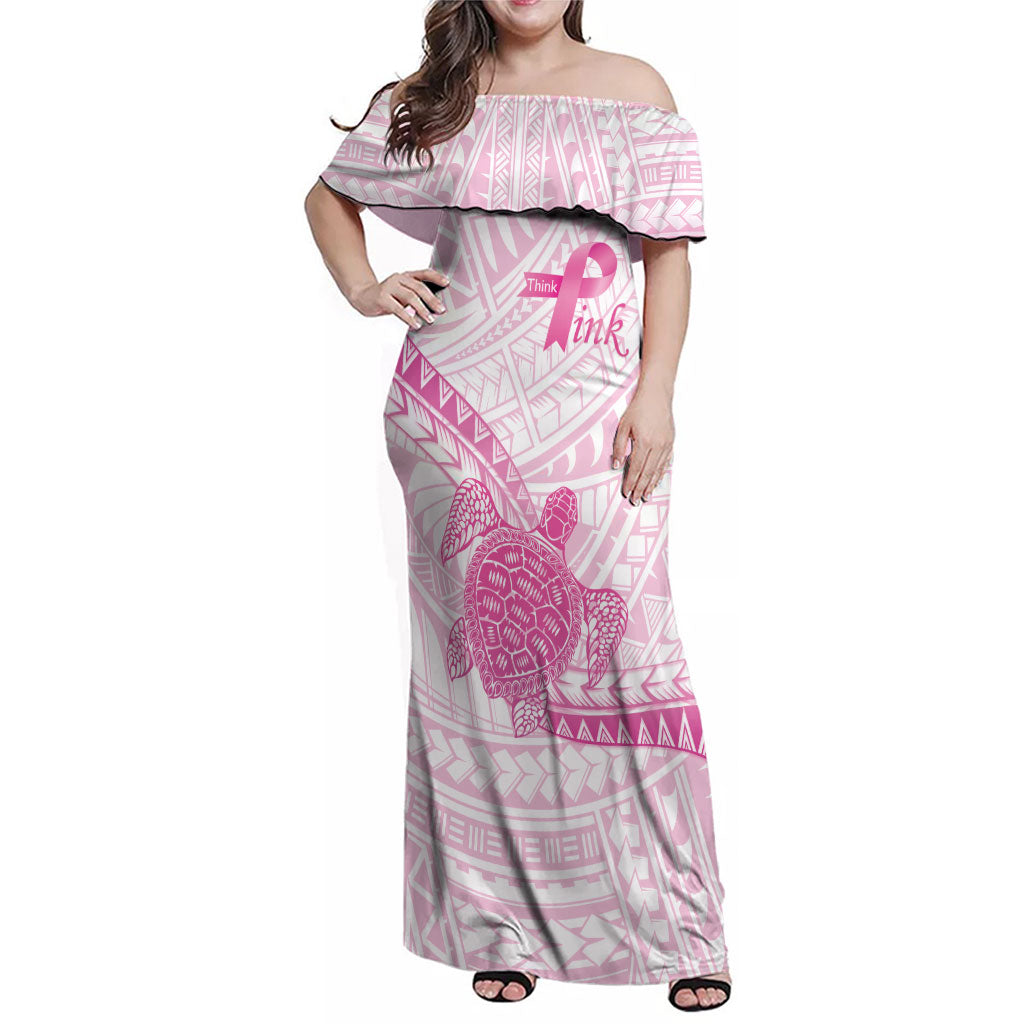 Breast Cancer Awareness Personalised Family Matching Off Shoulder Maxi Dress and Hawaiian Shirt Pink Ribbon Turtle Polynesian Pattern White