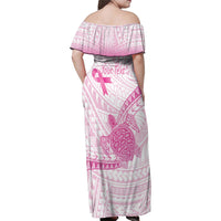 Breast Cancer Awareness Personalised Family Matching Off Shoulder Maxi Dress and Hawaiian Shirt Pink Ribbon Turtle Polynesian Pattern White