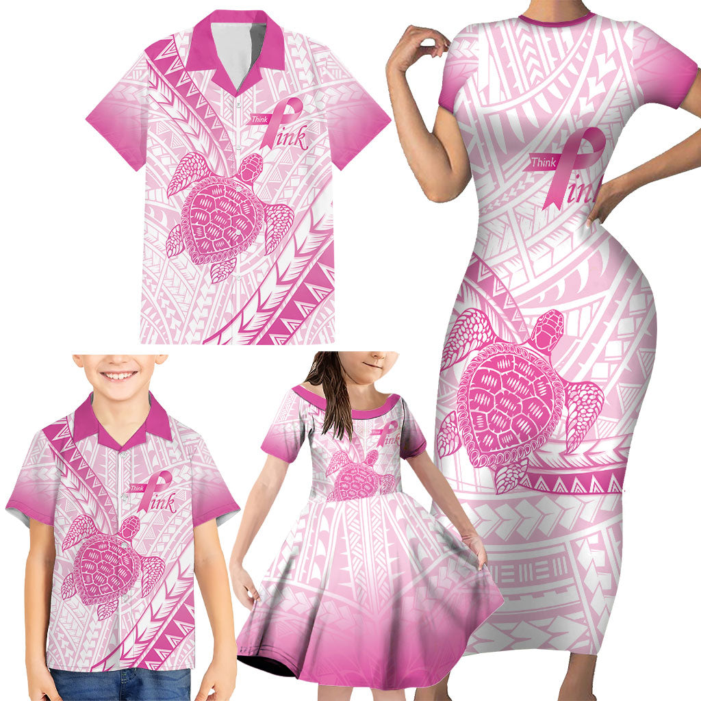 Breast Cancer Awareness Personalised Family Matching Short Sleeve Bodycon Dress and Hawaiian Shirt Pink Ribbon Turtle Polynesian Pattern White LT22 - Polynesian Pride