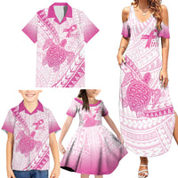 Breast Cancer Awareness Personalised Family Matching Summer Maxi Dress and Hawaiian Shirt Pink Ribbon Turtle Polynesian Pattern White