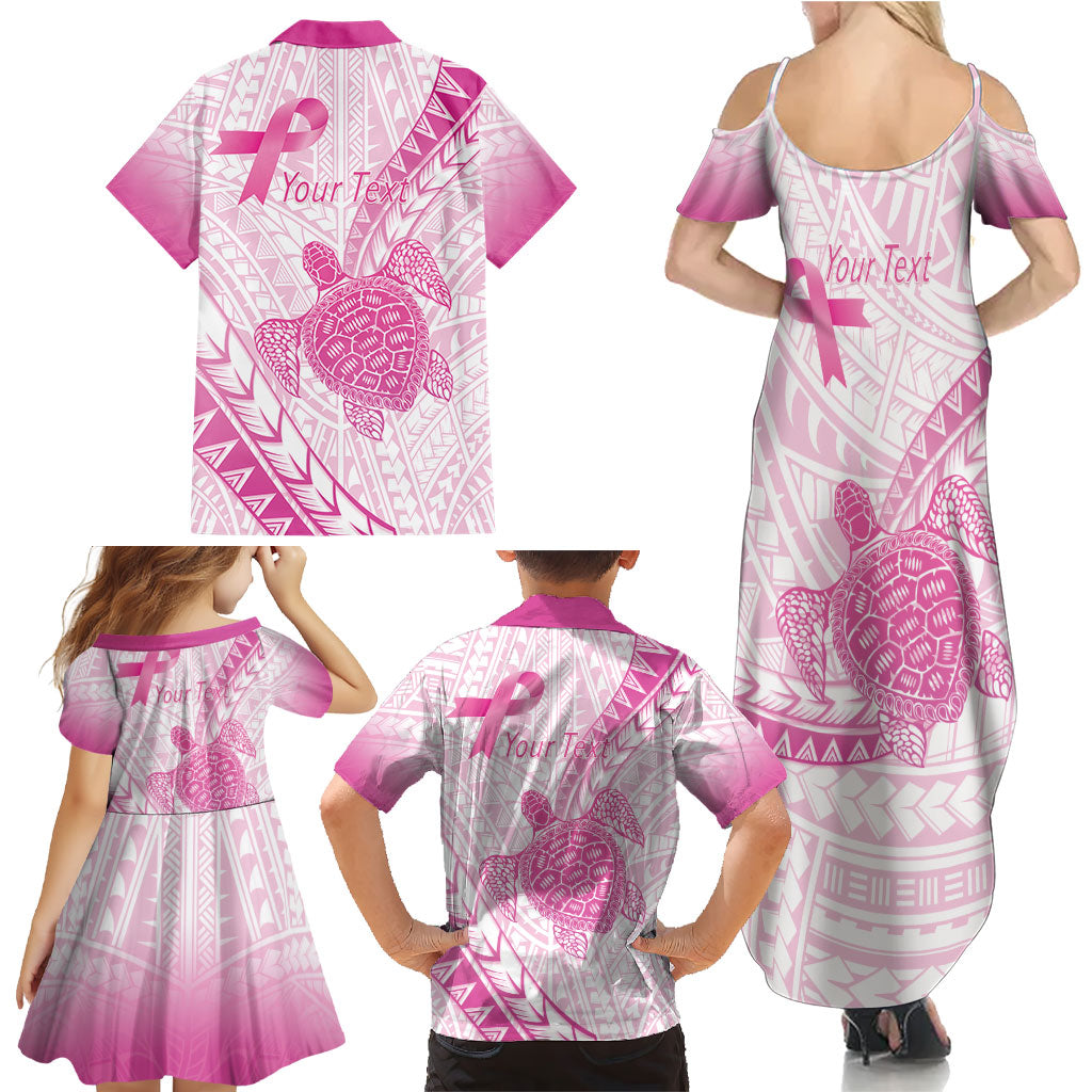 Breast Cancer Awareness Personalised Family Matching Summer Maxi Dress and Hawaiian Shirt Pink Ribbon Turtle Polynesian Pattern White