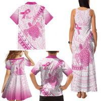 Breast Cancer Awareness Personalised Family Matching Tank Maxi Dress and Hawaiian Shirt Pink Ribbon Turtle Polynesian Pattern White