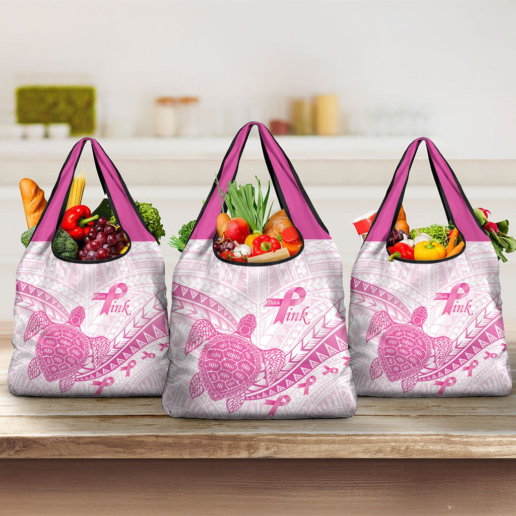 Breast Cancer Awareness Grocery Bag Pink Ribbon Turtle Polynesian Pattern White LT22 3-pack One Size Pink - Polynesian Pride