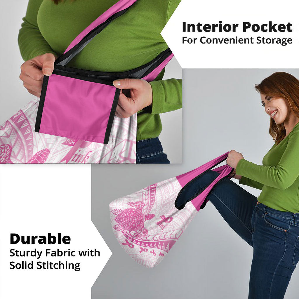Breast Cancer Awareness Grocery Bag Pink Ribbon Turtle Polynesian Pattern White LT22 - Polynesian Pride